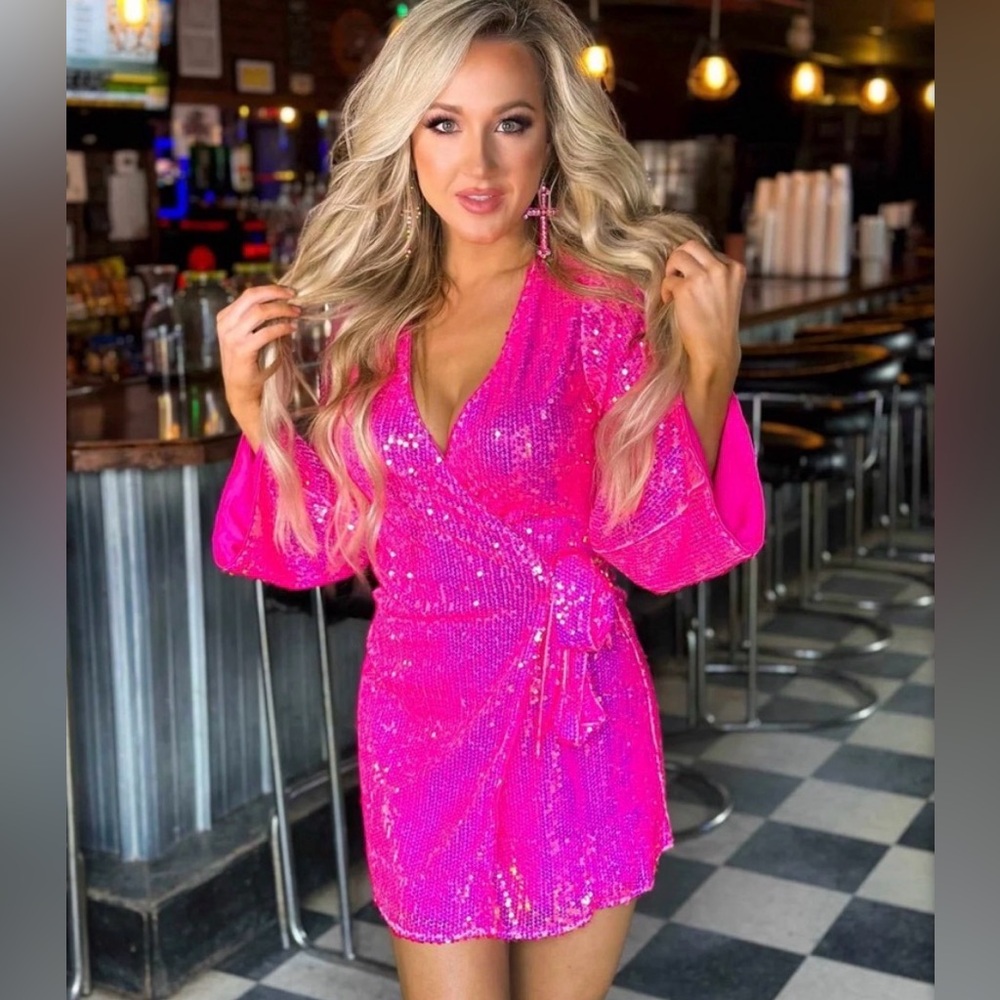 Pink Sequin Wrap Dress